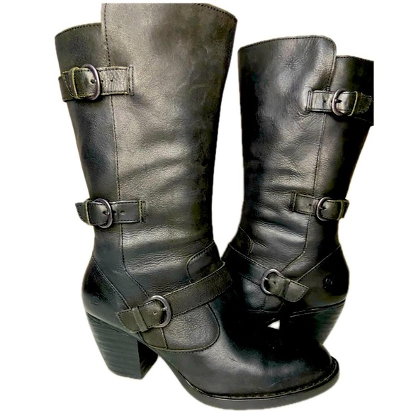 BORN Maleri Full Grain Leather Biker-Chic Boots Buckle Straps Side Zip Sz 9.5 - Picture 2 of 12